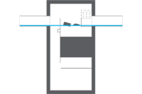 Cross-sectional diagram of a rectangular tank with water, divided into chambers by gray walls and blocks, with an inlet and outlet pipe and perforated plate at the top right.