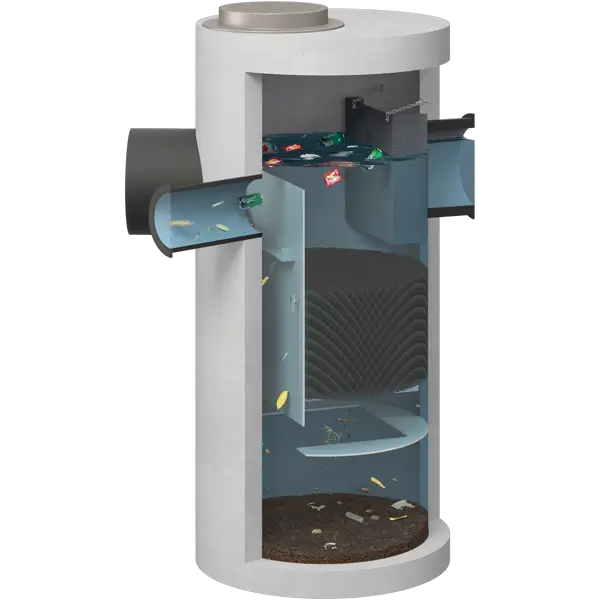 Cross-sectional diagram of a cylindrical stormwater treatment device showing internal filters capturing debris, leaves, and litter from water flow before reaching the bottom compartment.