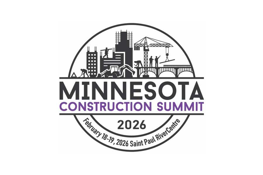 Logo for the 2026 Minnesota Construction Summit, featuring city buildings, cranes, and workers, with event dates February 18-19, 2026, at Saint Paul RiverCentre.