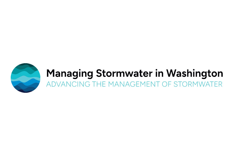 Logo with a blue wave circle icon and the text "Managing Stormwater in Washington: Advancing the Management of Stormwater" on a white background.
