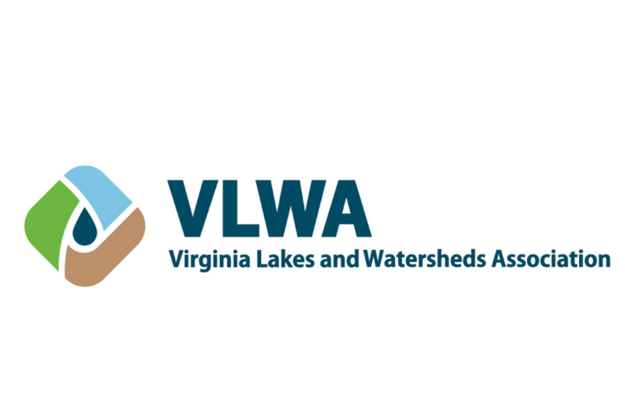 Logo for the Virginia Lakes and Watersheds Association, featuring an abstract blue, green, and brown icon next to the text "VLWA Virginia Lakes and Watersheds Association.