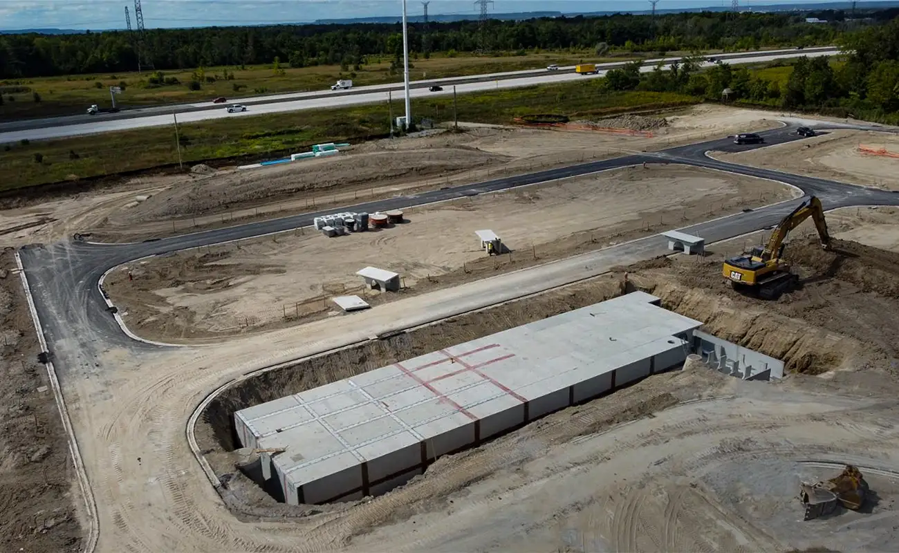 Aerial view of StormTrap DoubleTrap detention system installed at 5150 Ninth Line Mississauga Ontario townhouse development