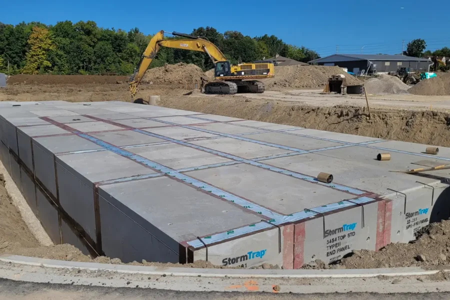 Ground level view of StormTrap DoubleTrap precast concrete detention system at 5150 Ninth Line Mississauga Ontario