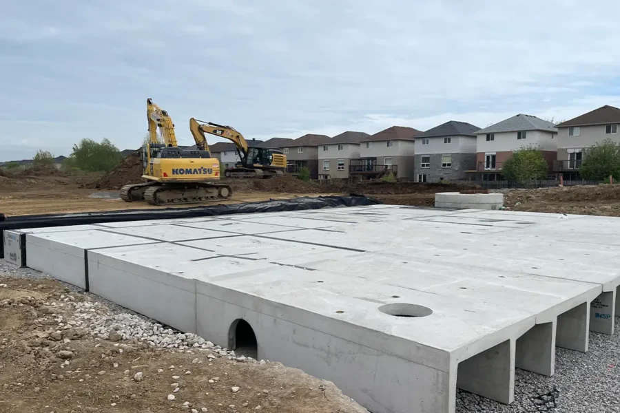 34-piece SingleTrap shallow stormwater infiltration basin storing 252 cubic meters installed at 3530 Upper James commercial plaza Hamilton Ontario