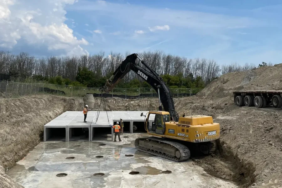 StormTrap SingleTrap infiltration system installed on reinforced concrete pad