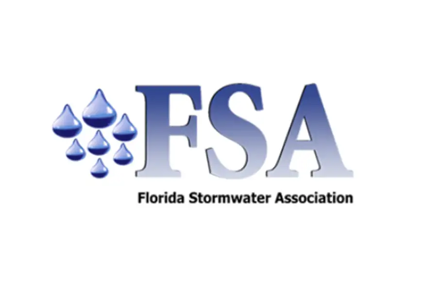 Florida Stormwater Association (FSA) logo with blue water droplets to the left of the large letters "FSA" and the organization's full name below.