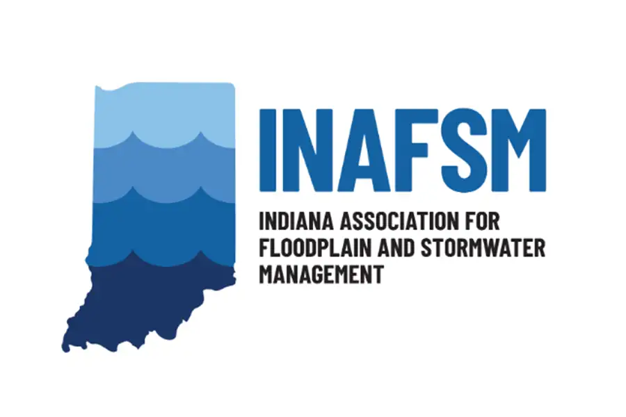 Logo of the Indiana Association for Floodplain and Stormwater Management, featuring Indiana’s outline with water waves and the acronym INAFSM.