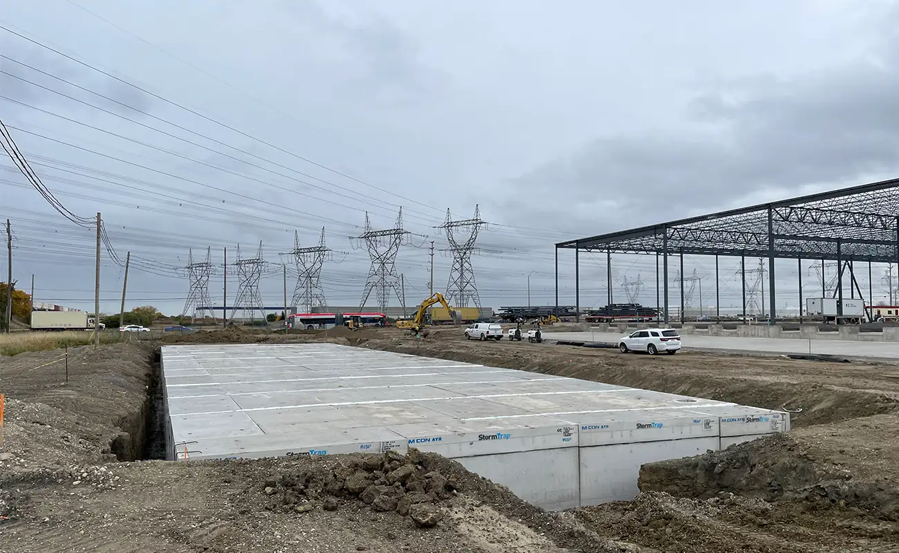 Completed StormTrap underground stormwater detention system installed below the Parkhurst Square industrial warehouse development in Brampton, Ontario