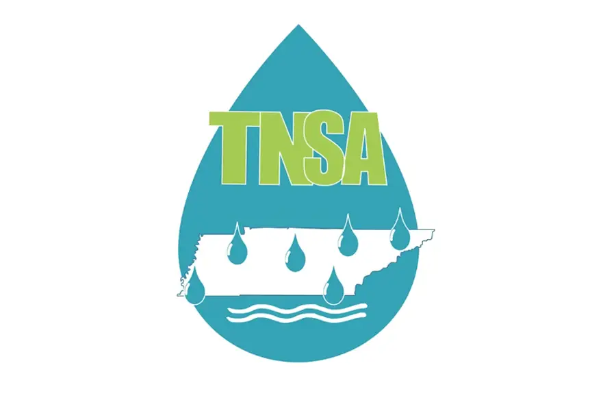 A blue water droplet with “TNSA” in green, a white outline of Tennessee, water drops above, and blue waves below.