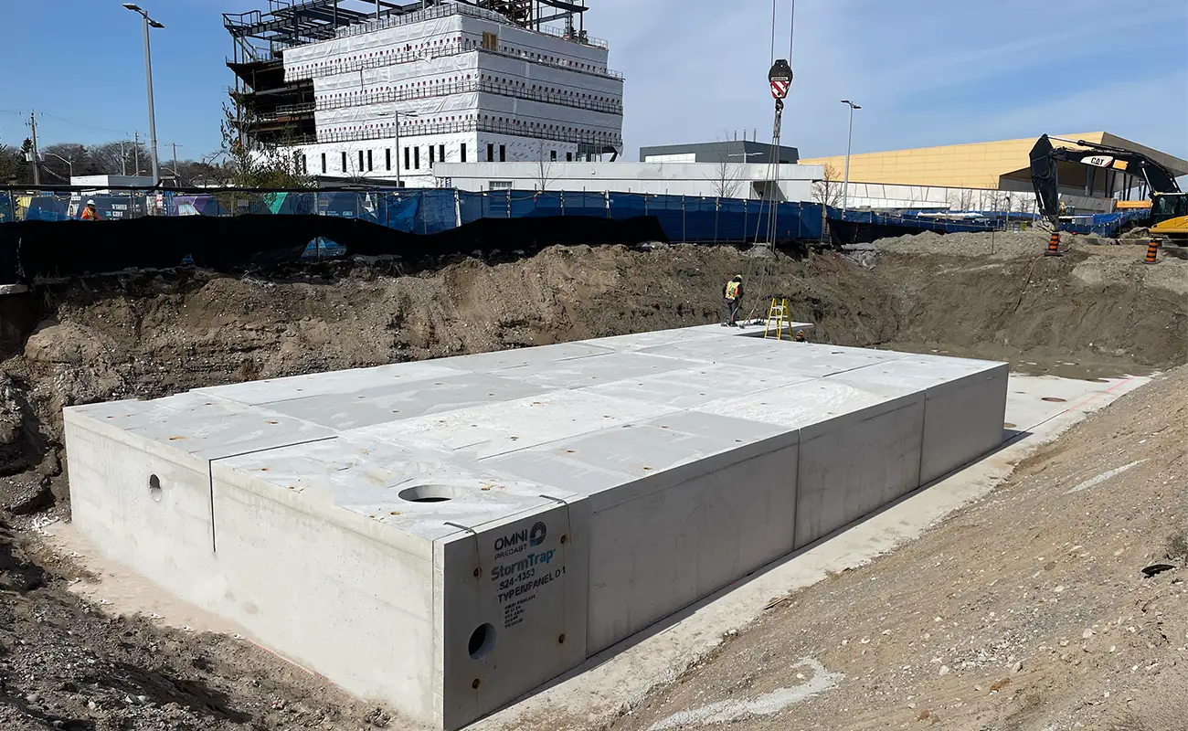 StormTrap SingleTrap precast stormwater basin installed at University of Toronto Scarborough Retail and Parking Commons construction site