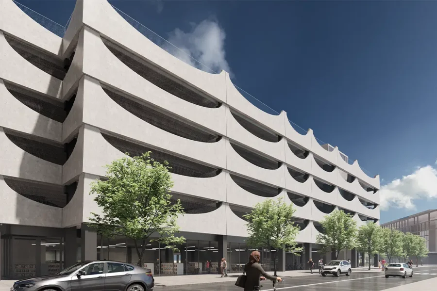 Architectural rendering of University of Toronto Scarborough Retail and Parking Commons multi-level parking structure