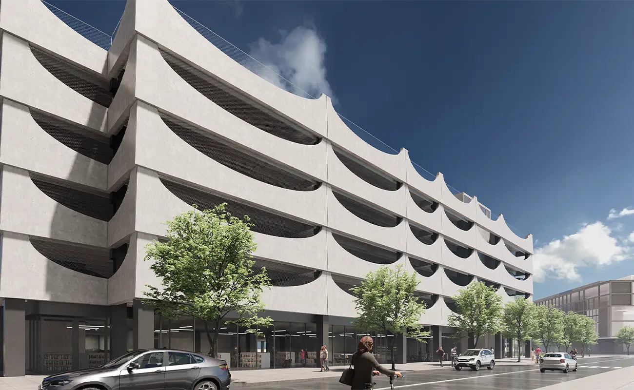 Architectural rendering of University of Toronto Scarborough Retail and Parking Commons multi-level parking structure