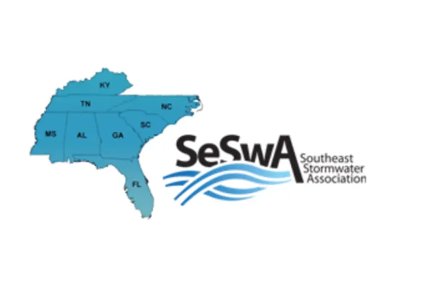 A map of southeastern U.S. states with the "SeSWA Southeast Stormwater Association" logo and blue water wave graphics.