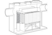 Line drawing of an industrial filtration unit, showing interior structure with intake and outflow ducts, frames, and filter panels inside a rectangular enclosure.