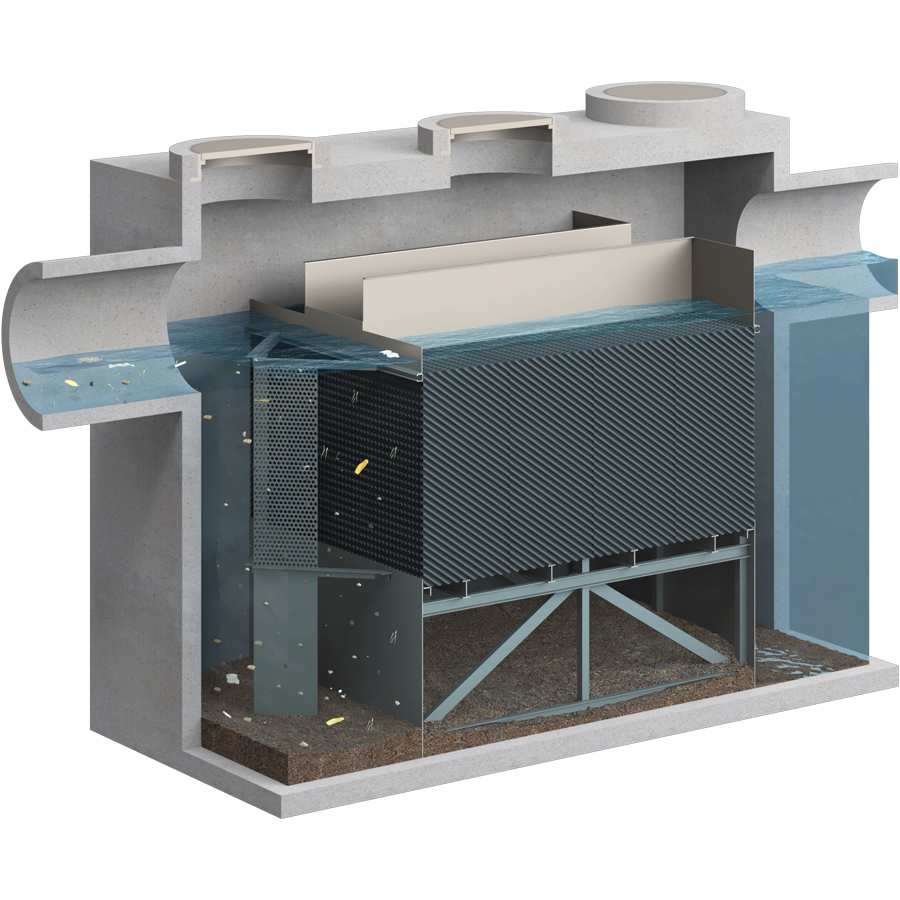 Cutaway view of a concrete stormwater treatment system showing the enhanced settling pack capturing debris and sediment from stormwater.
