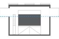 Diagram of a building section showing a stage, backstage area, side rooms, and a blue dashed line crossing horizontally through the center.
