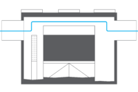 Diagram of a sectioned building with a blue pipeline running horizontally through the structure and various geometric elements inside.