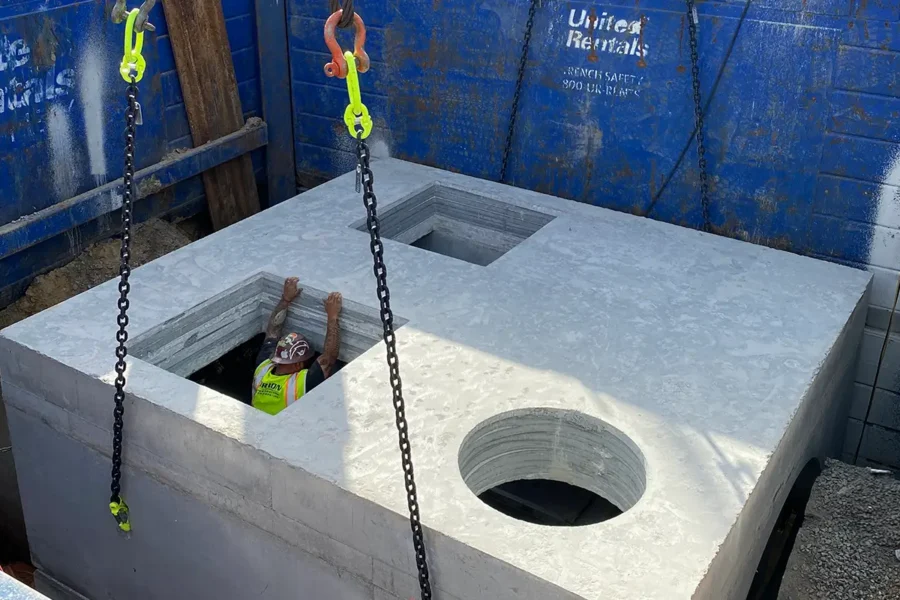 A construction worker stands inside a large concrete box structure, raising their hands through a square opening, with lifting chains attached to the box.