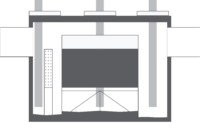 Diagram of a cross-sectional view of an industrial furnace, showing internal chambers, insulation, and structural supports.