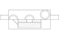 Line drawing of a kitchen sink with two basins and a draining basket in the left basin, shown from a top-down view. There’s also a circular object in the right basin.